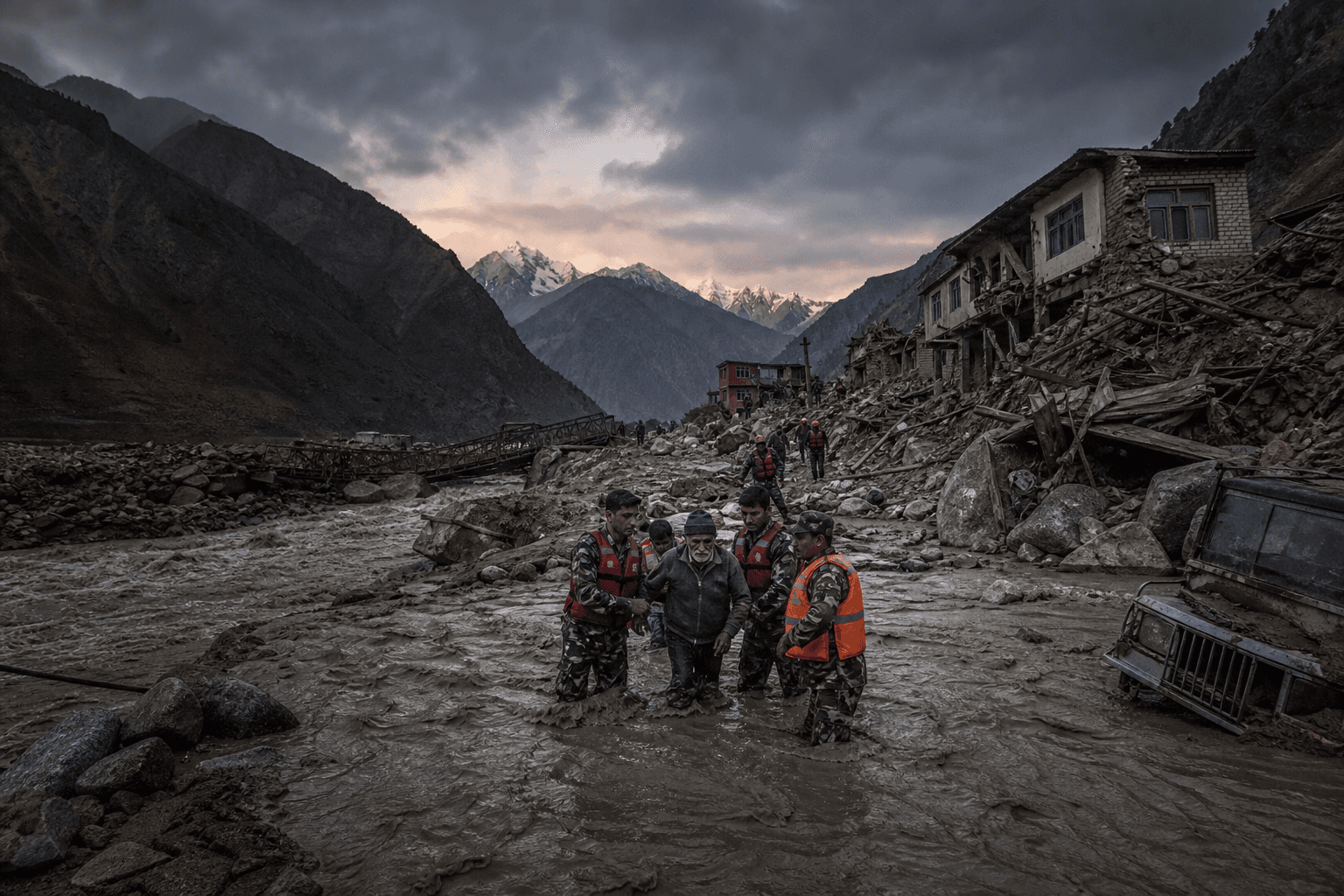 Rescue workers helping survivors through muddy floodwaters in a Himalayan valley after the Nepal flash floods